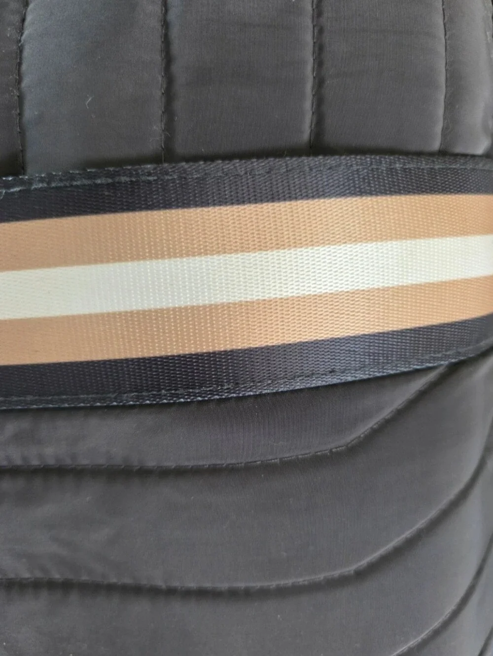 Quilted, Sleek, boxy, Gray Nylon Backpack with Pink-Tan Stripe.